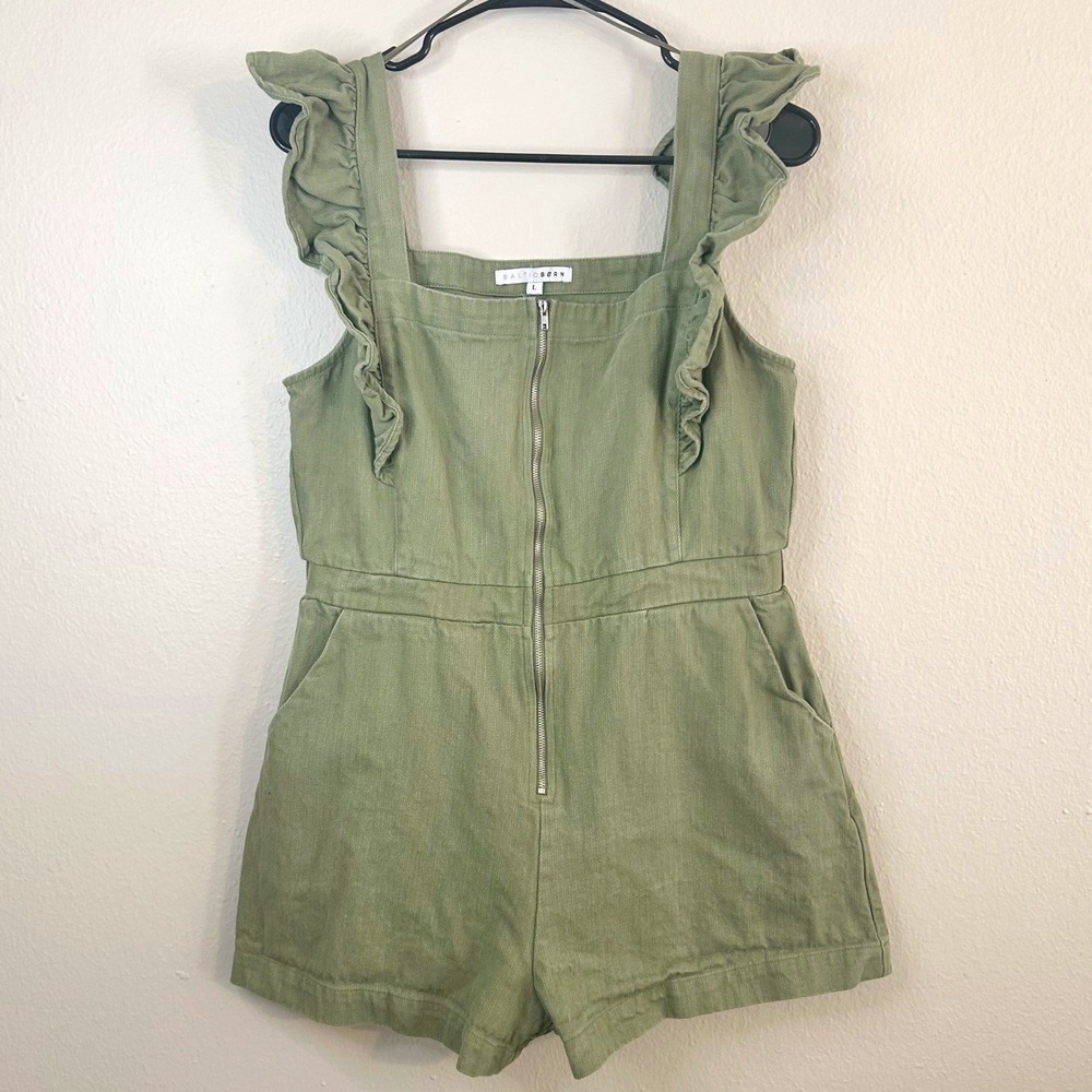 Baltic Born Romper Womens‎ Large Green Ruffle Zip Front Utility